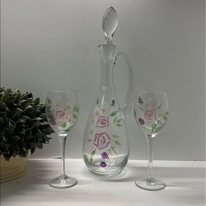 Glass floral painted decanter and 2 matching wine glasses
